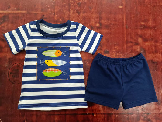 custom moq 5 eta 4-6weeks summer baby boys clothes fish navy blue short sleeve shorts set
