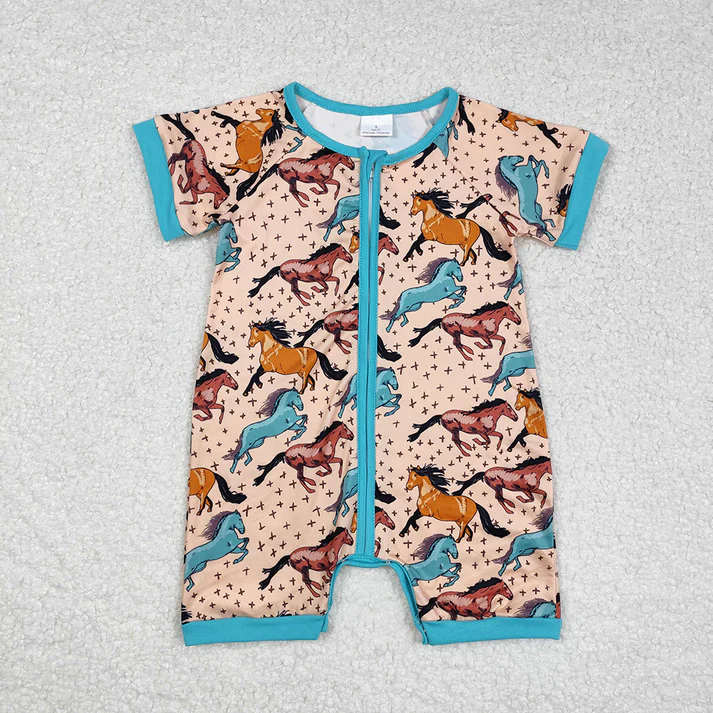 RTS NO MOQ Baby Boys Galloping Horse Short Zip-Up Romper