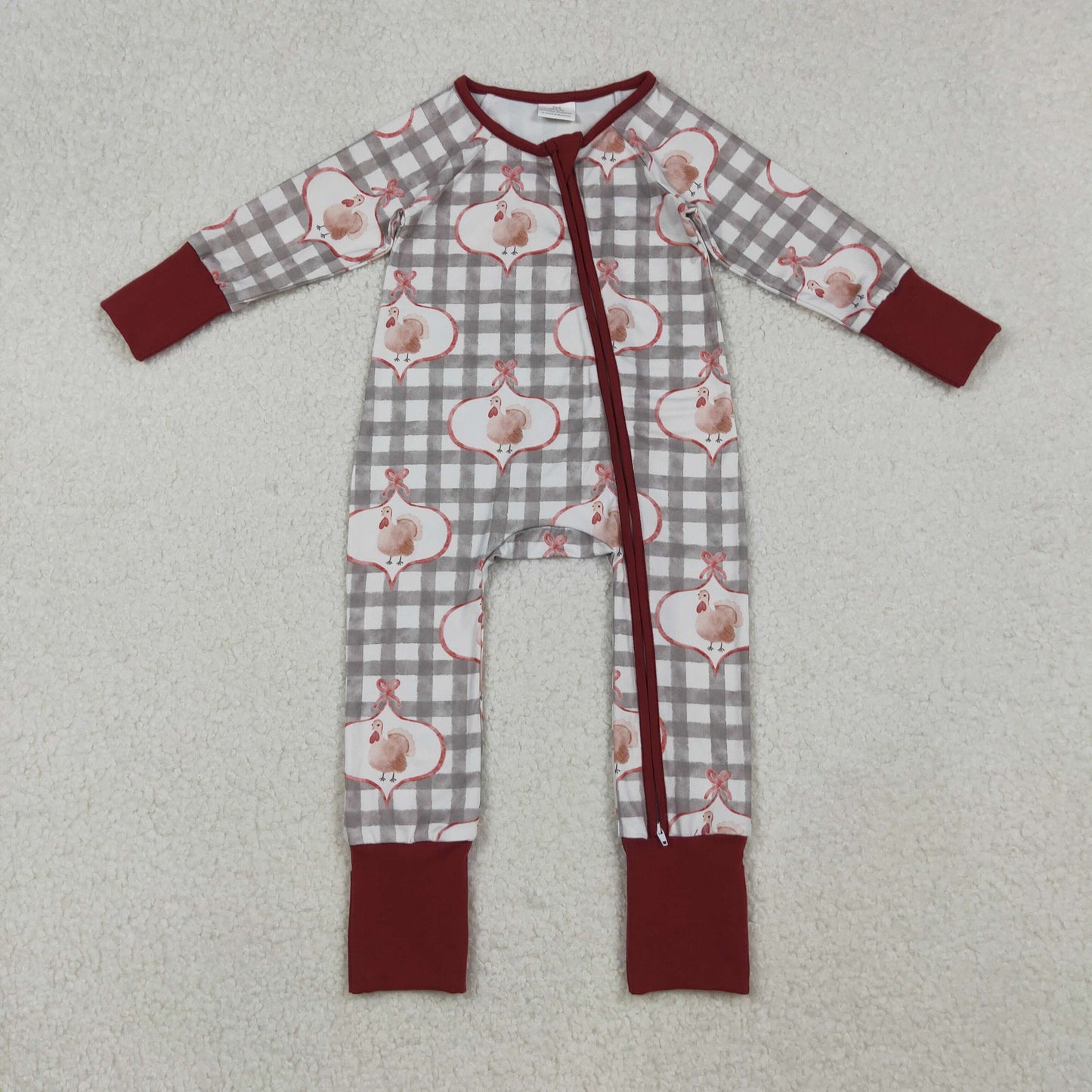 RTS NO MOQ（In Stock) LR2691 Turkey Plaid Bow Pattern Zippered Long-Sleeved Bodysuit