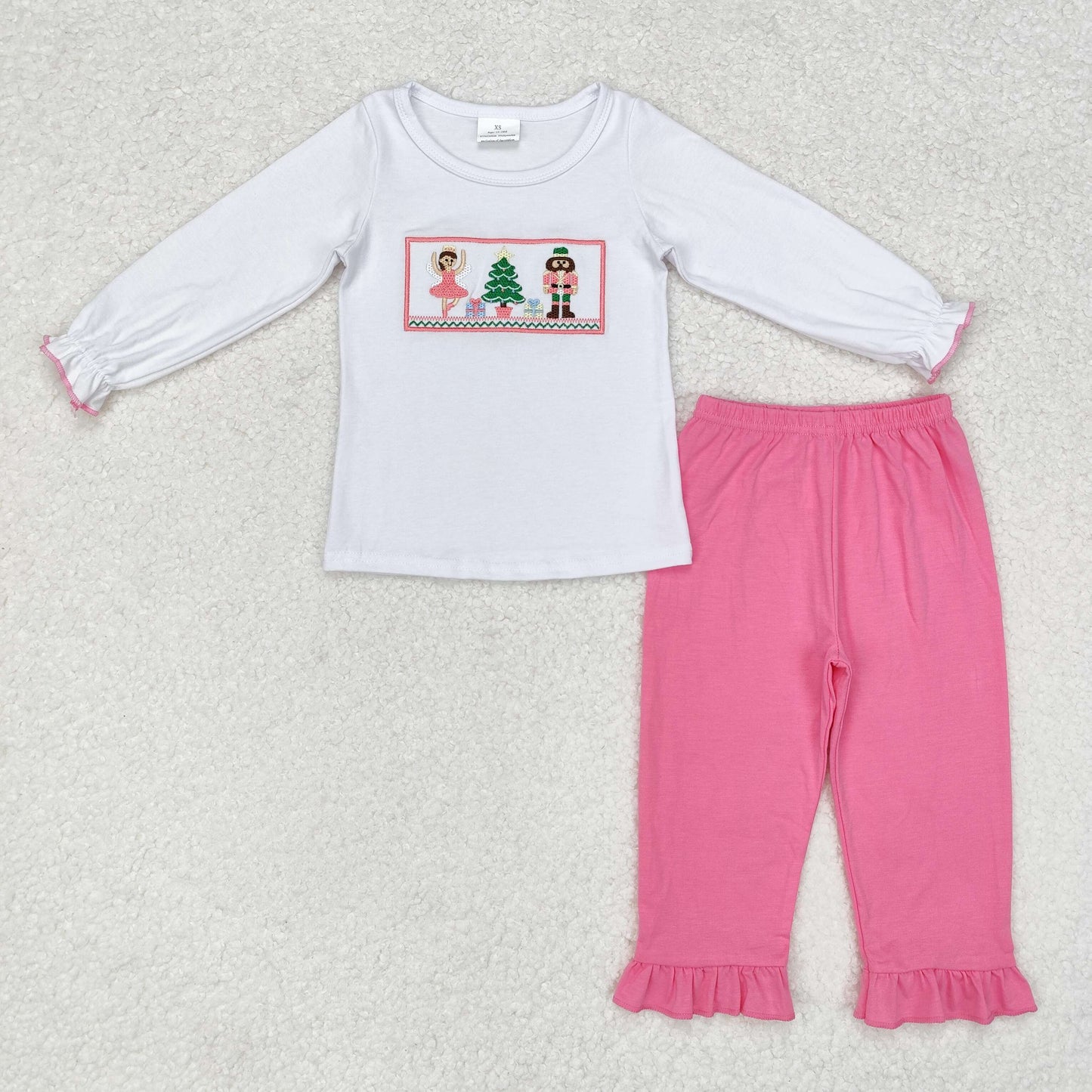 rts no moq GLP1236 Embroidery Christmas Tree Nutcracker White Long Sleeve Pink Pants Set