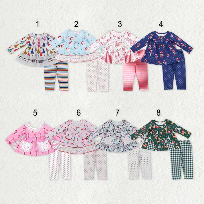 RTS NO MOQ Sibling Baby girls clothes Christmas pocket long-sleeved trousers suits