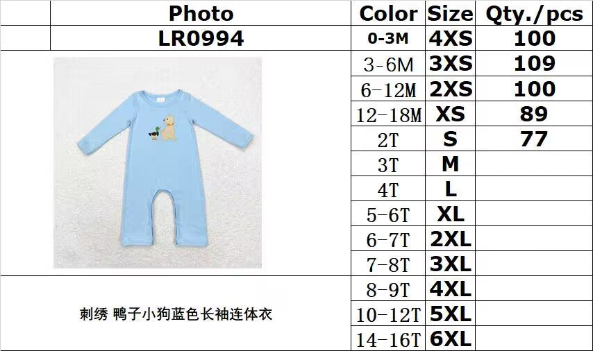 rts no moq LR0994 Embroidered duck and puppy blue long-sleeved jumpsuit