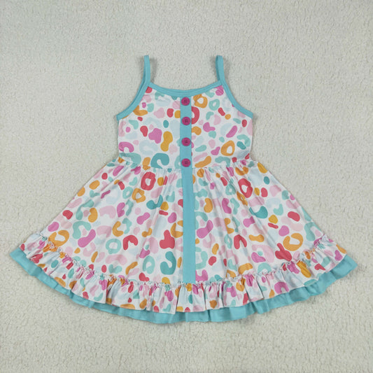 RTS NO MOQ GSD2452 Colorful leopard print pink button blue lace suspender dress