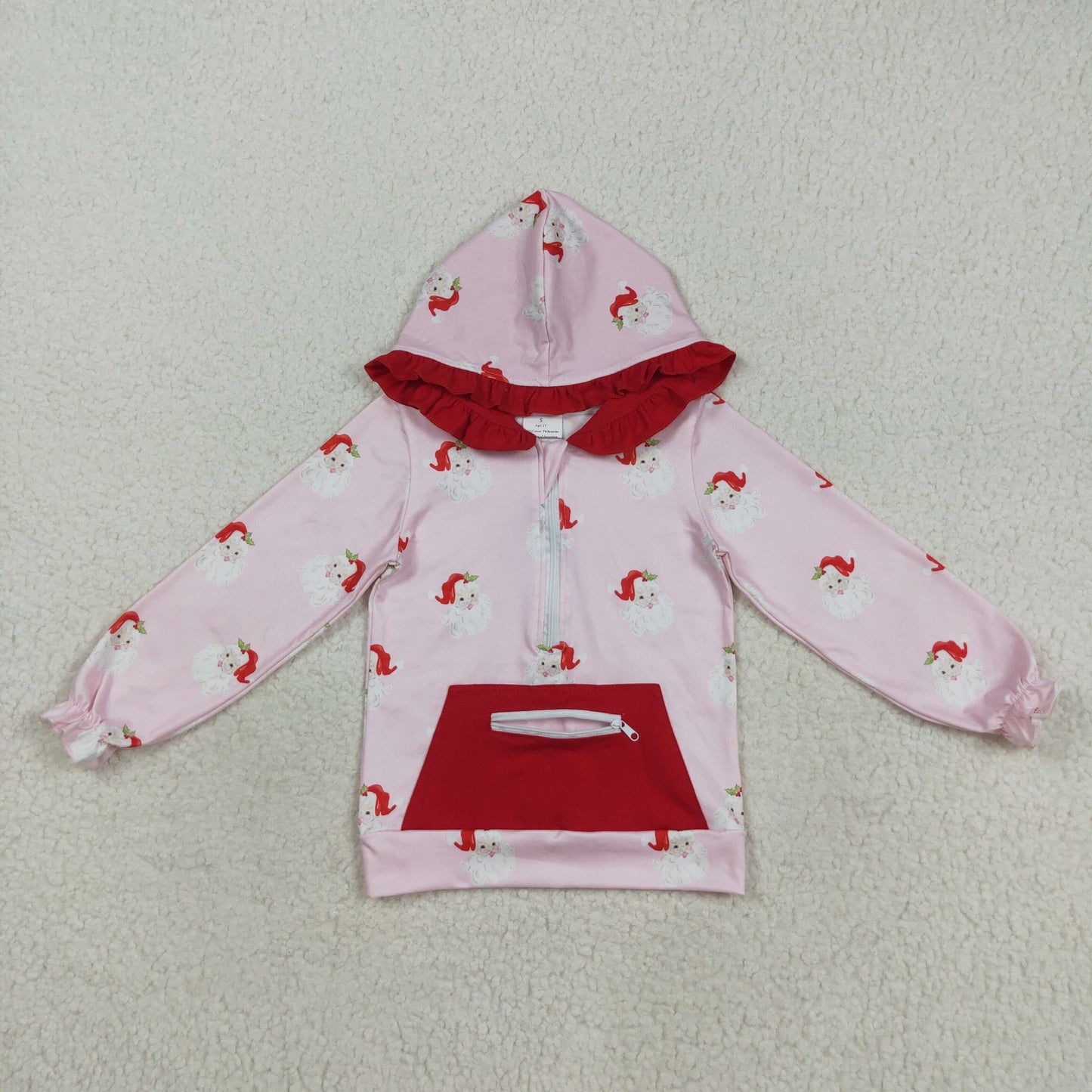 RTS NO MOQ（In Stock) GT1047 Santa Claus Red Pocket Pink Zippered Hooded Long-Sleeved Top