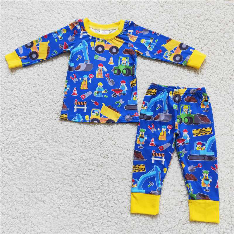 RTS NO MOQ Baby Boys Construction Truck Print Long Sleeve Trousers Set