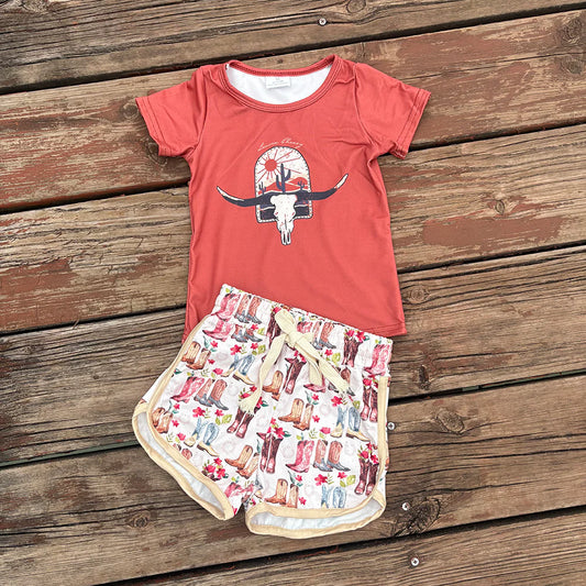 RTS NO MOQ Baby Girls Western Cow Skull Themed Outfit Set Casual Wear Shirt Boots Shorts Set for Little Cow Skull Fans