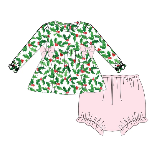 Custom moq 3 eta 6-8 weeks Pink Bow Green Christmas Bow Tie Pattern Long Sleeve Top - Pink Bloomers Set