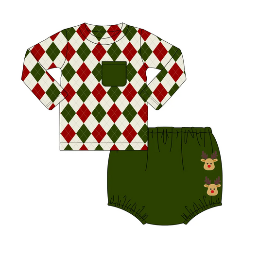 Custom moq 3 eta 6-8 weeks Red and green diamond plaid long-sleeved top-dark green short-sleeved suit