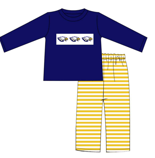 Custom moq 3 eta 7/8week moq 5 eta /4/5week Dark blue long-sleeved top with eagle head pattern & yellow striped trousers set