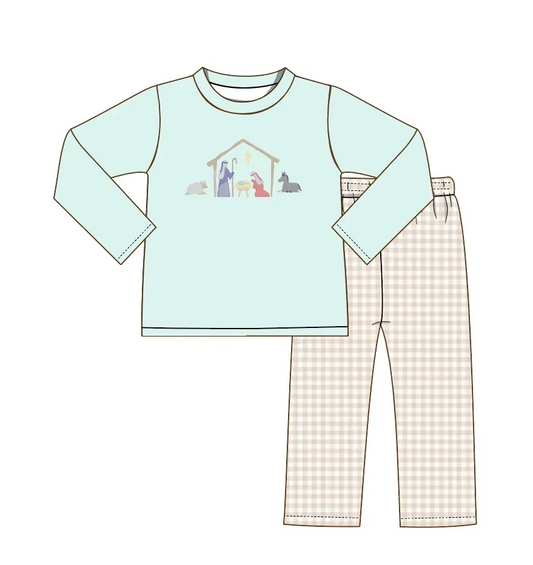 Custom moq 3 eta 7/8week moq 5 eta /4/5week Baby Nativity Light Green Long Sleeve Top - Brown Plaid Pants Set