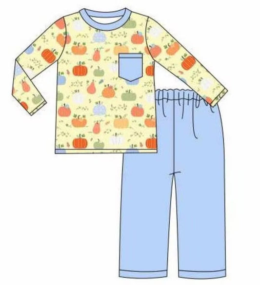 Custom moq 3 eta 7/8week moq 5 eta /4/5week Pumpkin Pattern Yellow Pocket Long Sleeve Top & Blue Pants Set