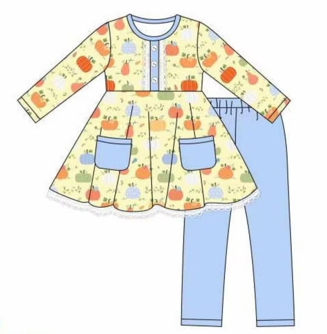 Custom moq 3 eta 7/8week moq 5 eta /4/5week Pumpkin Pattern Yellow Button Pocket Long Sleeve Top & Blue Pants Set