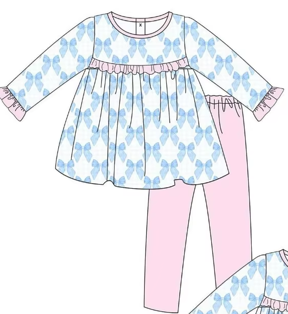 Custom moq 3 MIX SIZE eta 7/8week moq 5 eta /4/5week Sky blue bow print pattern pink pleated waist belt mixed set