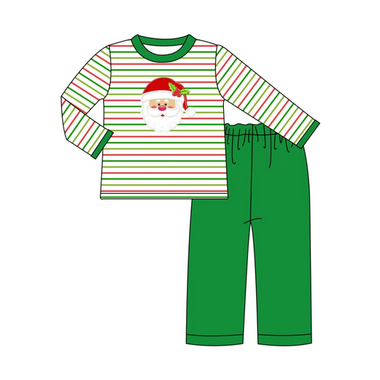 Custom moq 3 eta 7/8week moq 5 eta /4/5week Santa Claus Printed Red and Green Striped Long Sleeve Top & Grass Green Long Suit