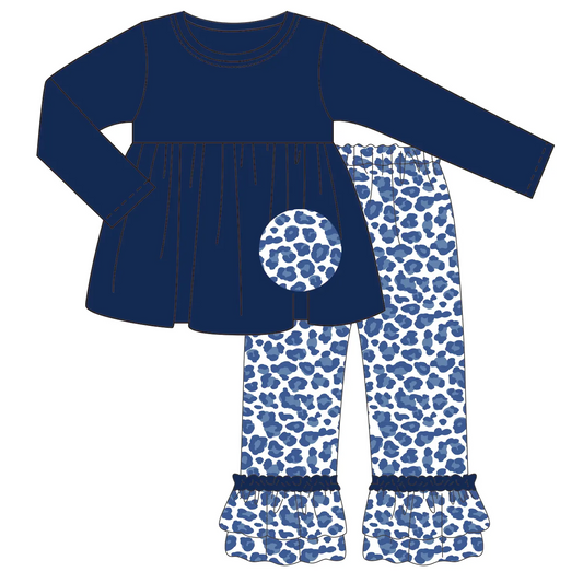 Custom moq 3 eta 7/8week moq 5 eta /4/5week Navy blue solid color long-sleeved top-leopard print trousers set