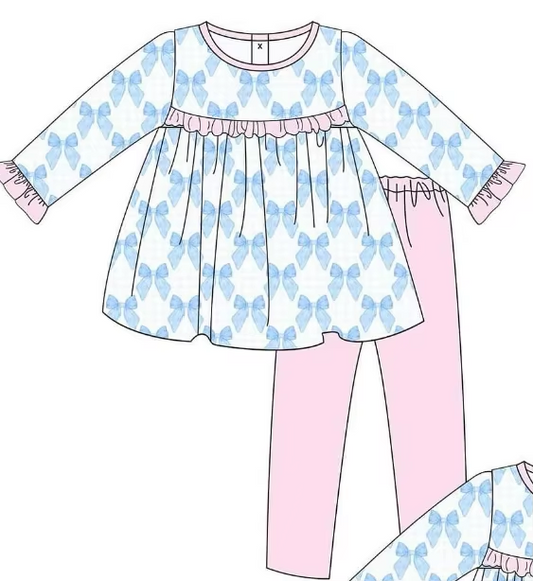 Custom moq 3 eta 7/8week moq 5 eta /4/5week Sky blue bow print long sleeve suit