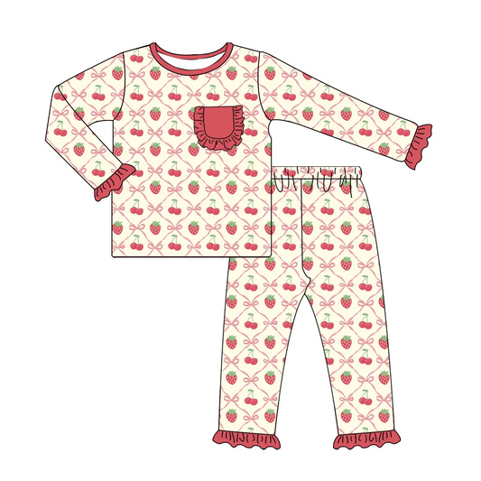 Custom moq 3 eta 7/8week moq 5 eta /4/5week Beige long-sleeved suit with bowknot diamond plaid, cherry and strawberry pattern