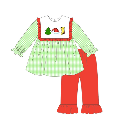 Custom moq 3 eta 7/8week moq 5 eta /4/5week Red Ruffled Square Neck Green Plaid Long Sleeve Top & Red Pants Set