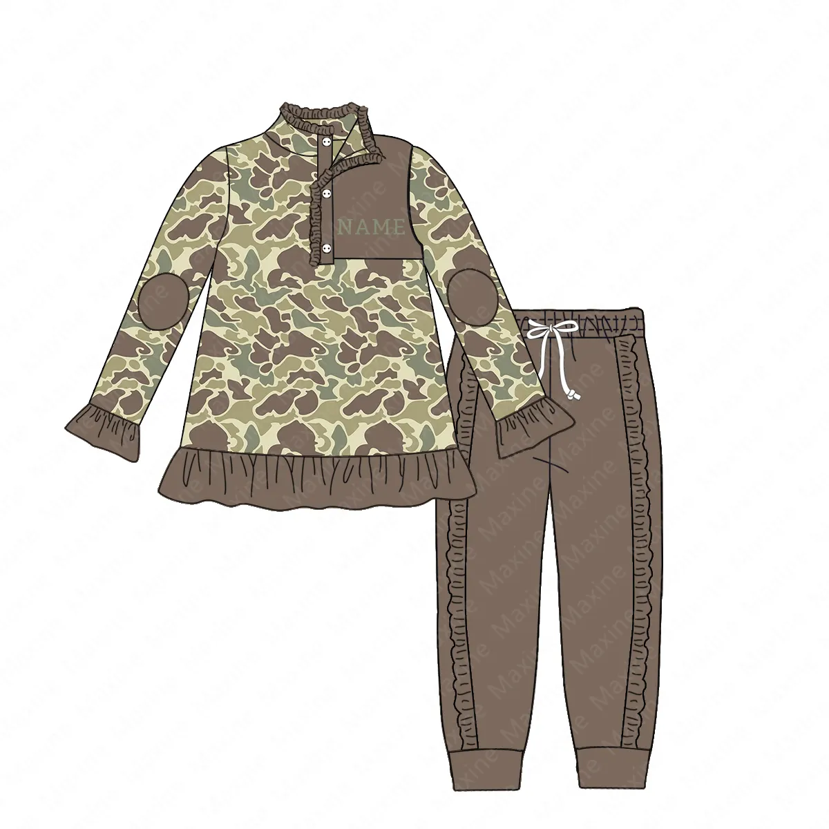 Custom moq 3 eta 7/8week moq 5 eta /4/5week Brown Camouflage Button Pleated Neck Pullover Long Suit