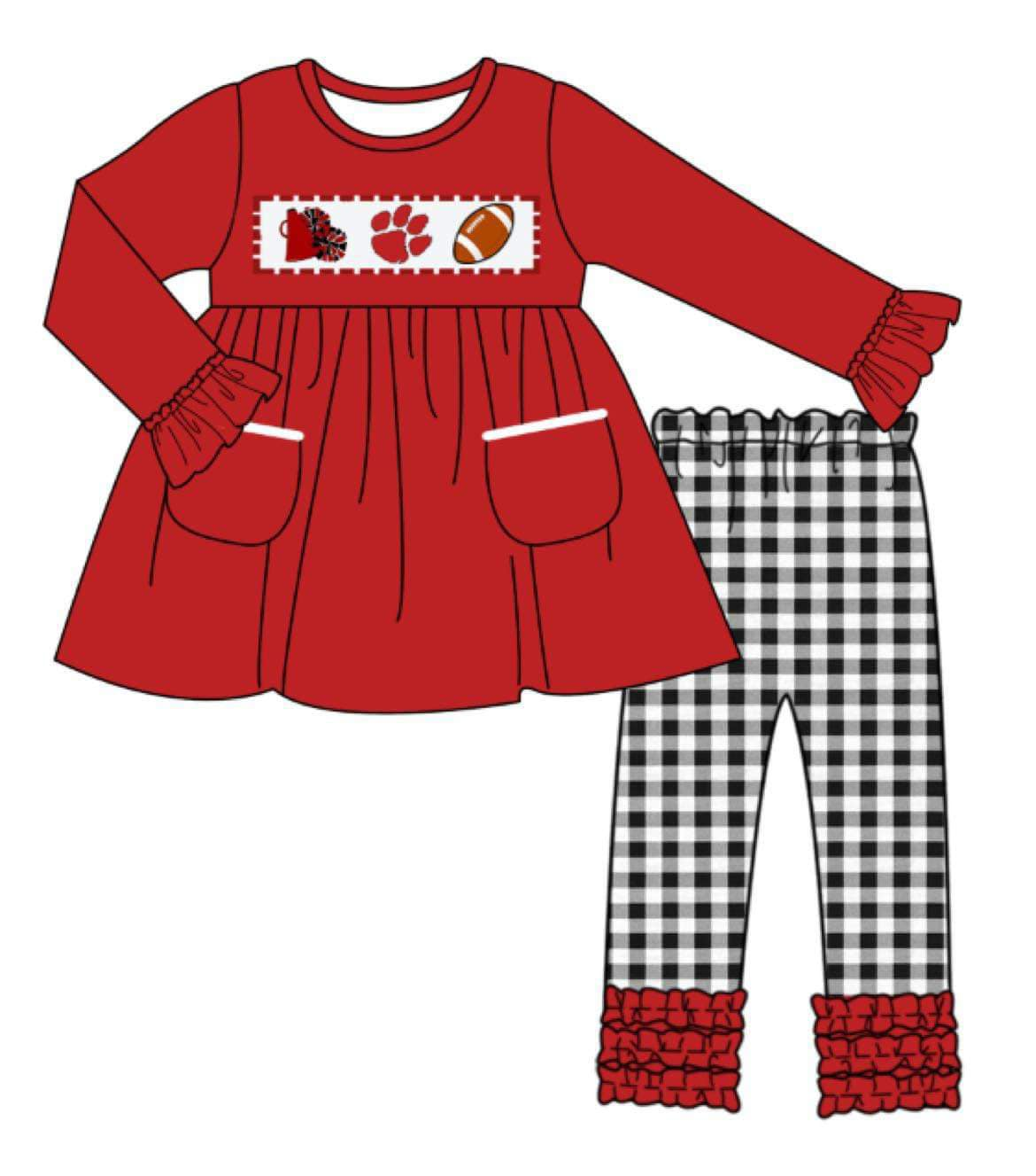 Custom moq 3 eta 7/8week moq 5 eta /4/5week Red Footprints-Oval Ball Pleated Cuff Long Sleeve Top & Black and White Plaid Trousers Set