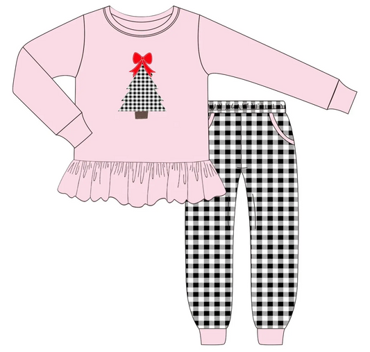 Custom moq 3 eta 7/8week moq 5 eta /4/5week Black and white plaid bow Christmas tree pattern pink long-sleeved top & black and white plaid trousers set