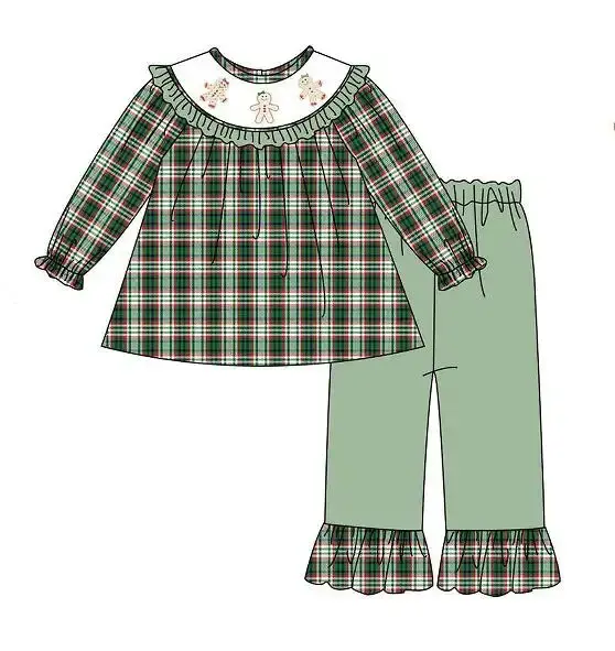 Custom moq 3 MIX SIZE eta 7/8week moq 5 eta /4/5week Biscuit Bear Print Green Irregular Plaid Long Sleeve Mixed Suit