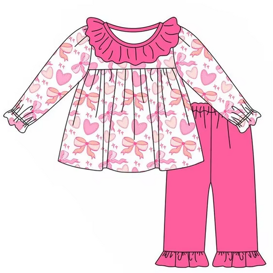 Custom moq 3 eta 7/8week moq 5 eta /4/5week Rose pink bow heart pattern pleated neckline long sleeve suit