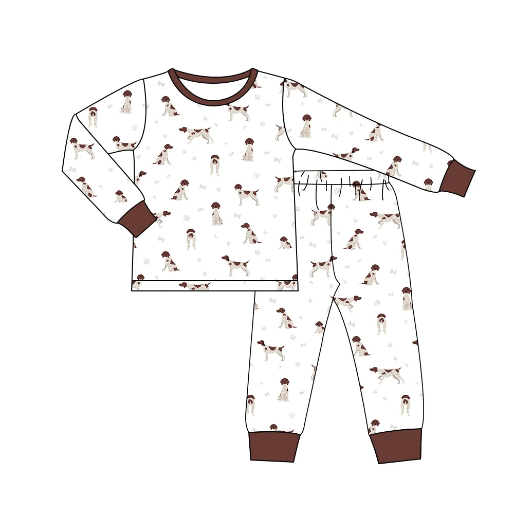 Custom moq 3 eta 7/8week moq 5 eta /4/5week Polka dot puppy print brown cuffs and white hem long sleeve trousers suit