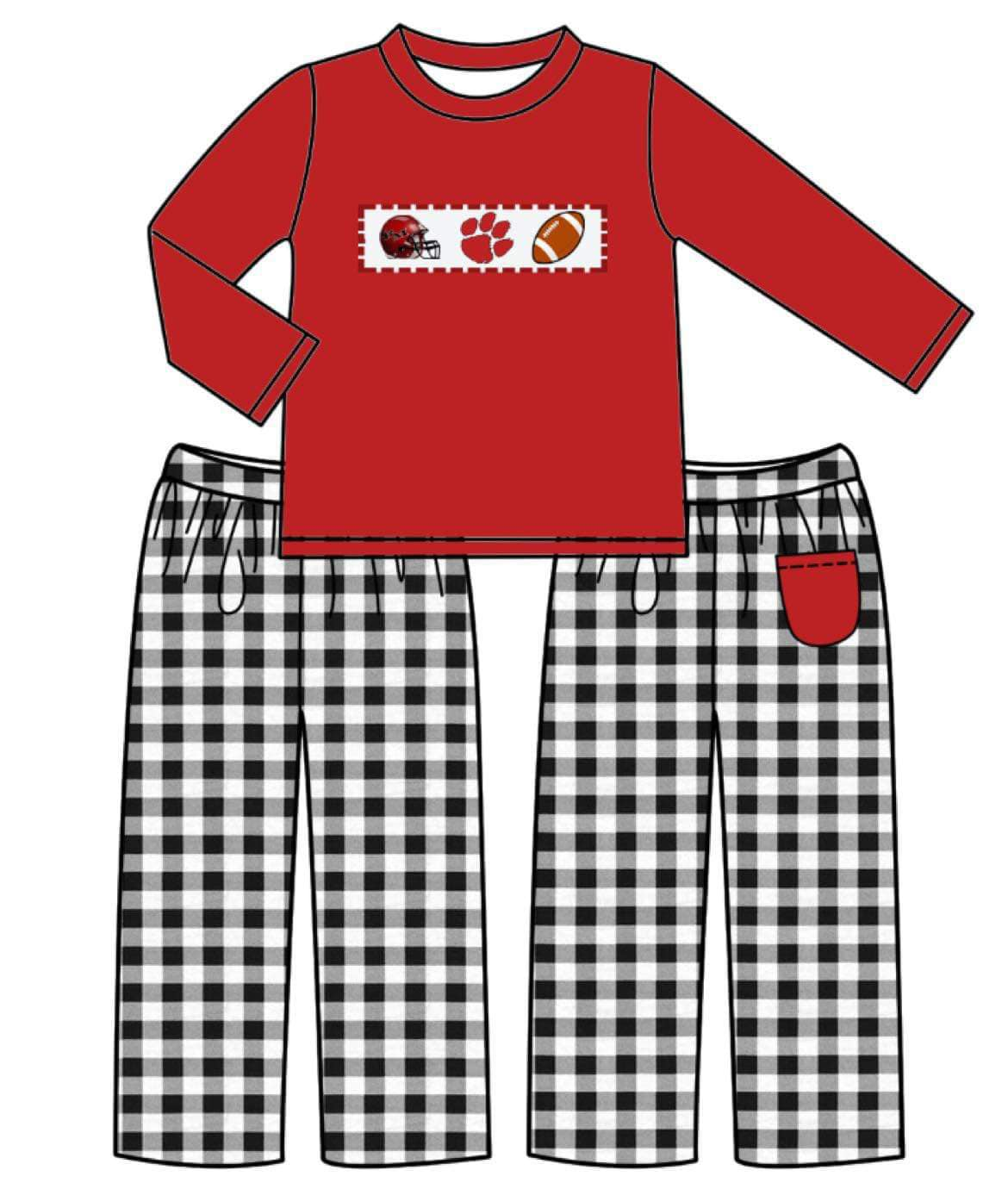 Custom moq 3 eta 7/8week moq 5 eta /4/5week Red Footprints-Oval Ball Long Sleeve Top & Black and White Plaid Pants Set