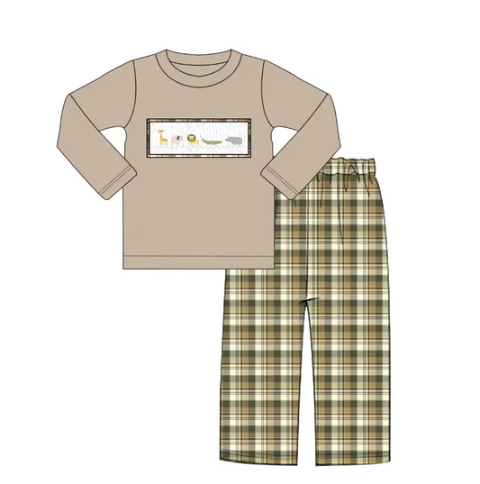 Custom moq 3 eta 7/8week moq 5 eta /4/5week Animal World Tan Long Sleeve Top-Plaid Pants Set