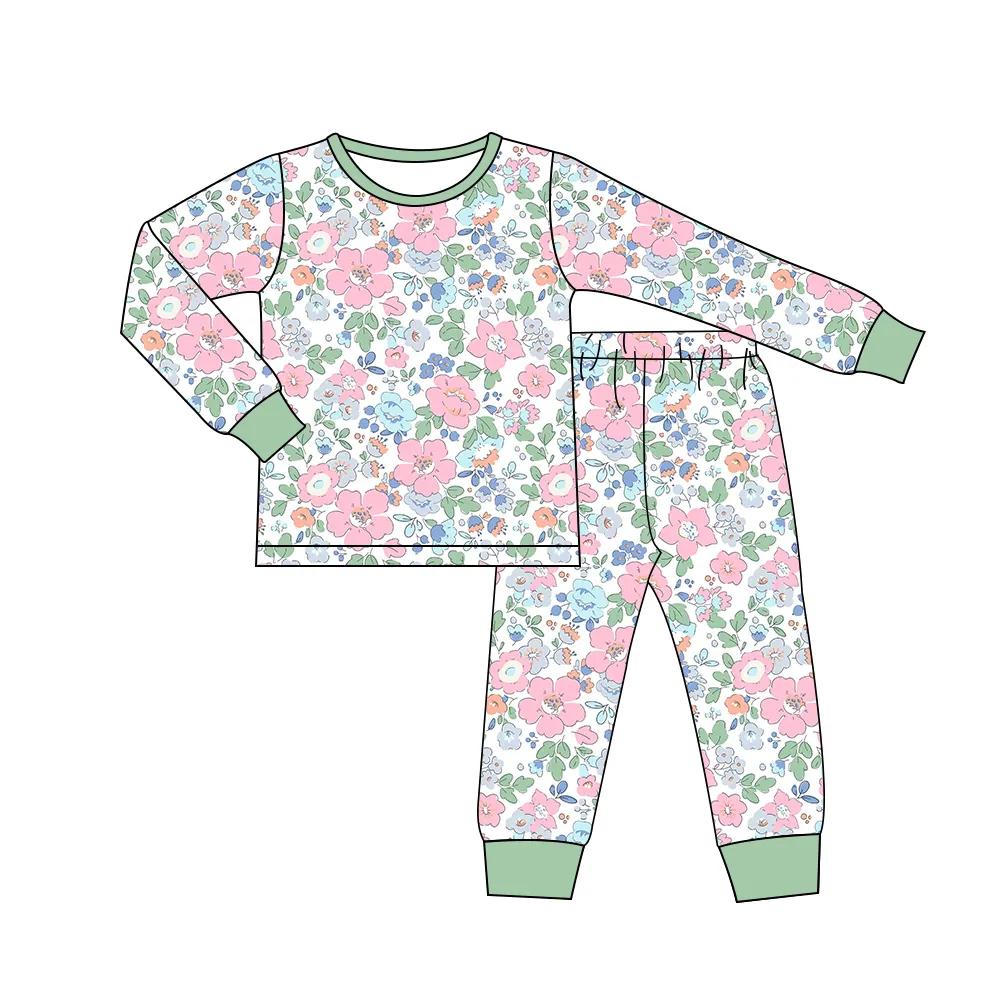 Custom moq 3 eta 7/8week moq 5 eta /4/5week Powder blue floral green long sleeve trousers suit