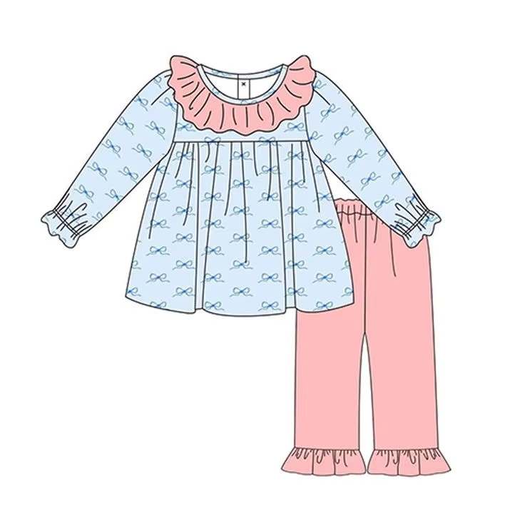 Custom moq 3 eta 7/8week moq 5 eta /4/5week Pastel pink pleated collar blue bow long-sleeved top & pastel pink trousers set