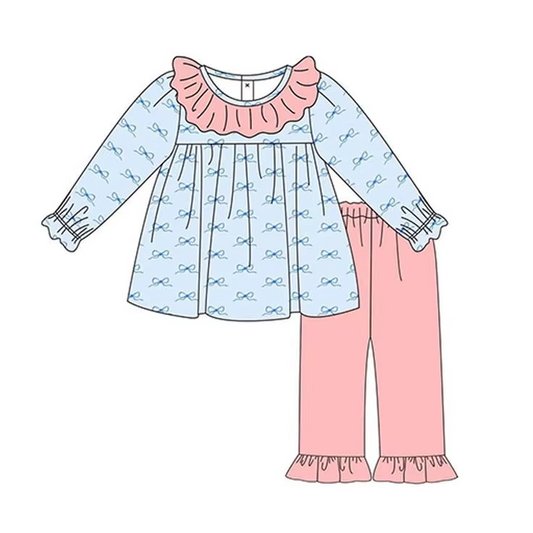 Custom moq 3 eta 7/8week moq 5 eta /4/5week Pastel pink pleated collar blue bow long-sleeved top & pastel pink trousers set