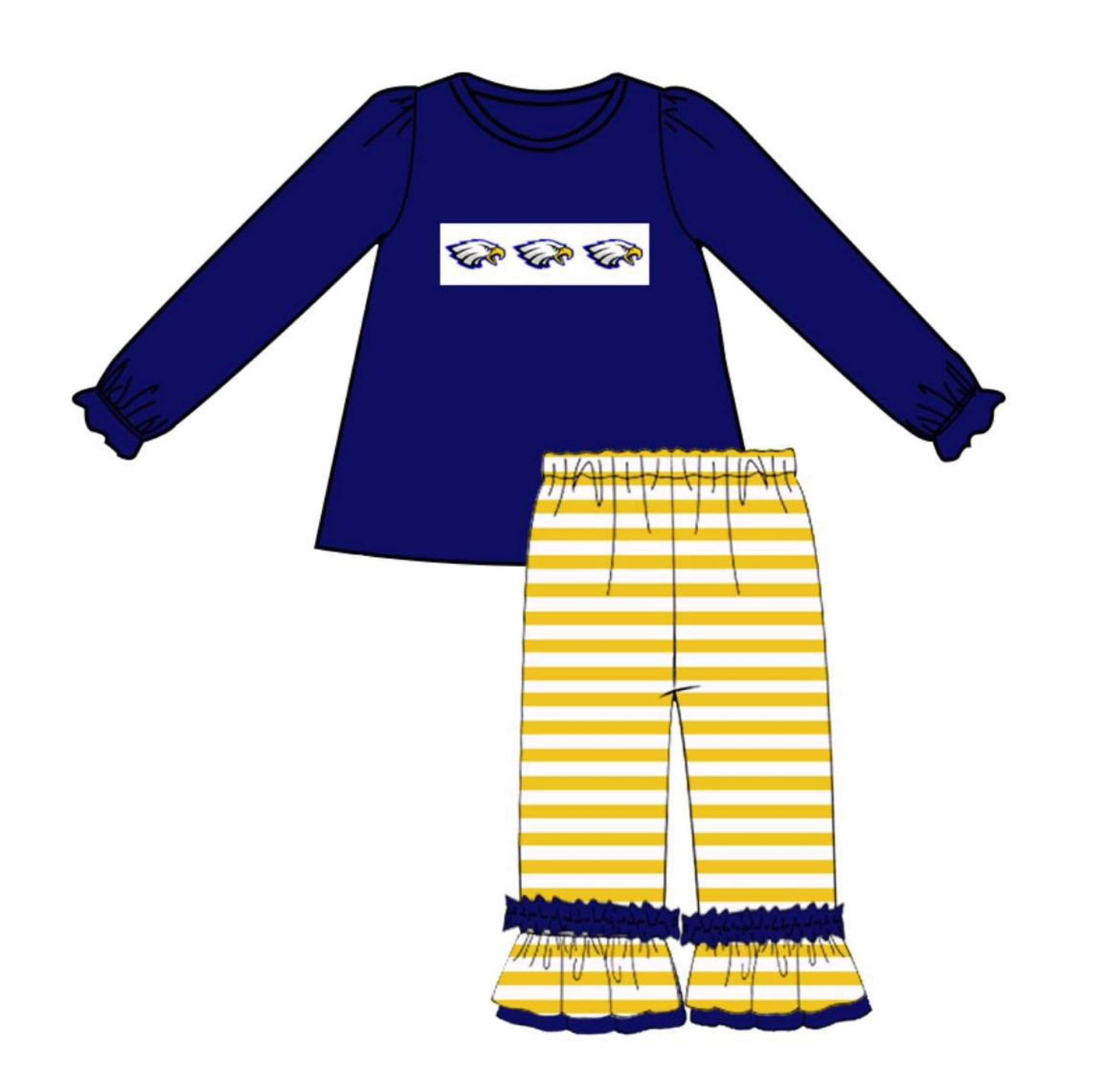 Custom moq 3 eta 7/8week moq 5 eta /4/5week Dark blue lantern sleeve long-sleeved top with eagle head pattern & yellow striped trousers set