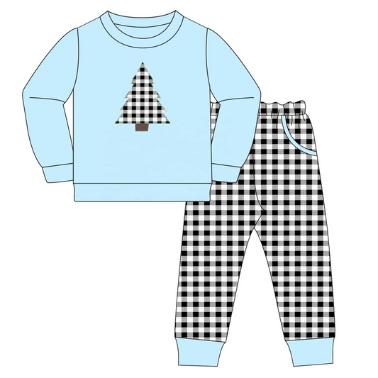 Custom moq 3 eta 7/8week moq 5 eta /4/5week Black and white plaid Christmas tree pattern sky blue long-sleeved top & black and white plaid trousers set