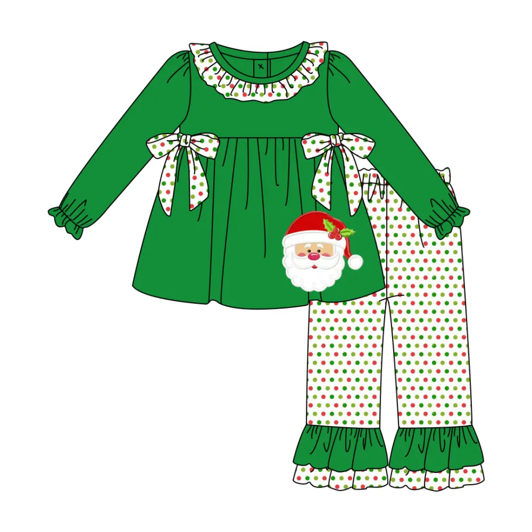 Custom moq 3 eta 7/8week moq 5 eta /4/5week Santa Claus Print Polka Dot Bow Grass Green Long Sleeve Suit