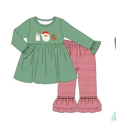 Custom moq 3 eta 7/8week moq 5 eta /4/5week Milk-Santa-Cookie Pattern Green Lace Cuff Long Sleeve Top & Red Plaid Double Ruffle Pants Set