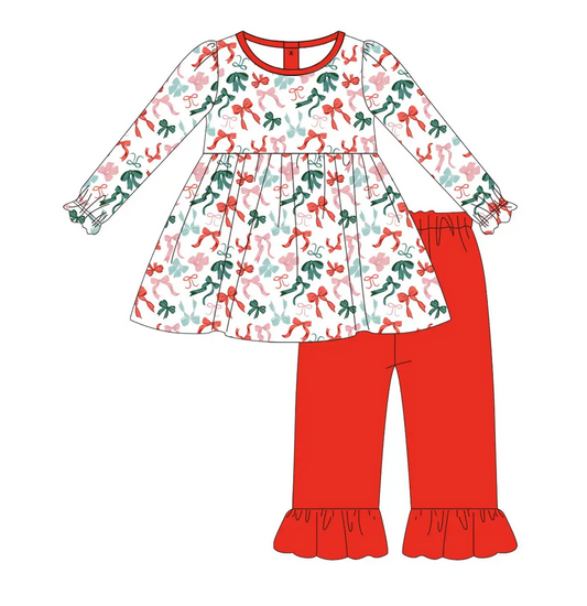 Custom moq 3 eta 7/8week moq 5 eta /4/5week Red and Green Bow Print Long Sleeve Top & Red Pants Set