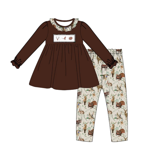 Custom moq 3 eta 7/8week moq 5 eta /4/5week Elk Head Dark Brown Pleated Neckline Long Sleeve Pants Set