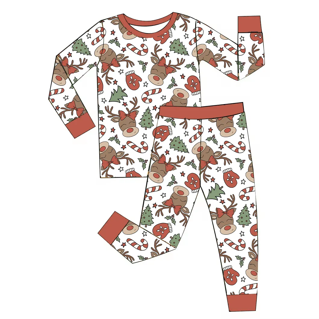 Custom moq 3 eta 7/8week moq 5 eta /4/5week Christmas elk-tree-cane-gloves pattern red-brown long-sleeved suit