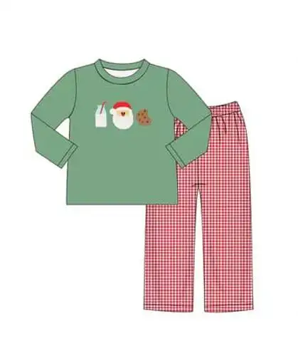 Custom moq 3 eta 7/8week moq 5 eta /4/5week Green Milk-Santa-Cookies Long Sleeve Top & Red Plaid Pants Set