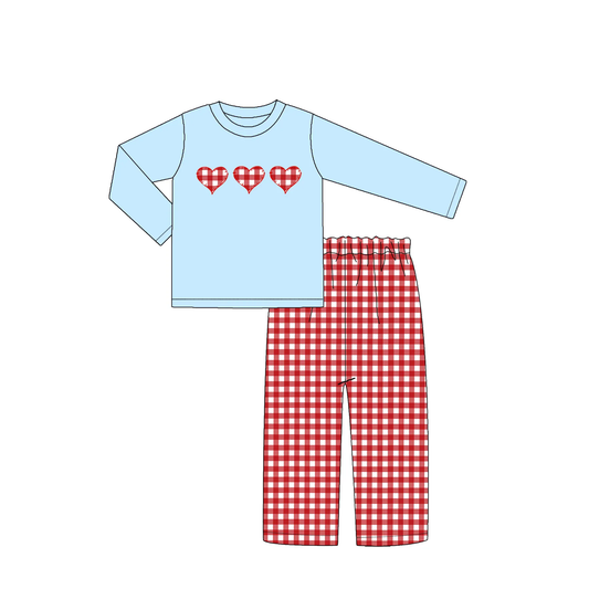 Custom moq 3 eta 7/8week moq 5 eta /4/5week Red Plaid Heart Pattern Sky Blue Long Sleeve Top & Red Plaid Pants Set