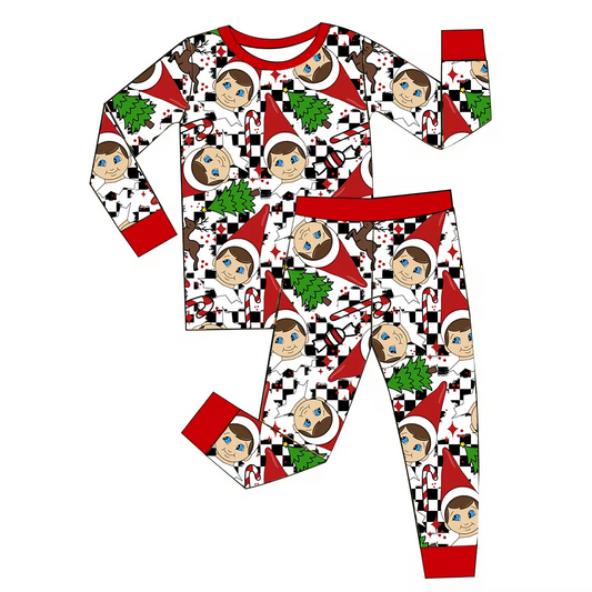 Custom moq 3 eta 7/8week moq 5 eta /4/5week Santa Claus-Tree Pattern Black and White Plaid Background Red Long Sleeve Suit