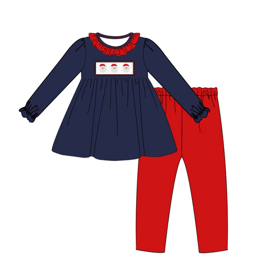 Custom moq 3 eta 7/8week moq 5 eta /4/5week Santa Claus Red Pleated Neck Navy Blue Long Sleeve Top - Red Pants Set