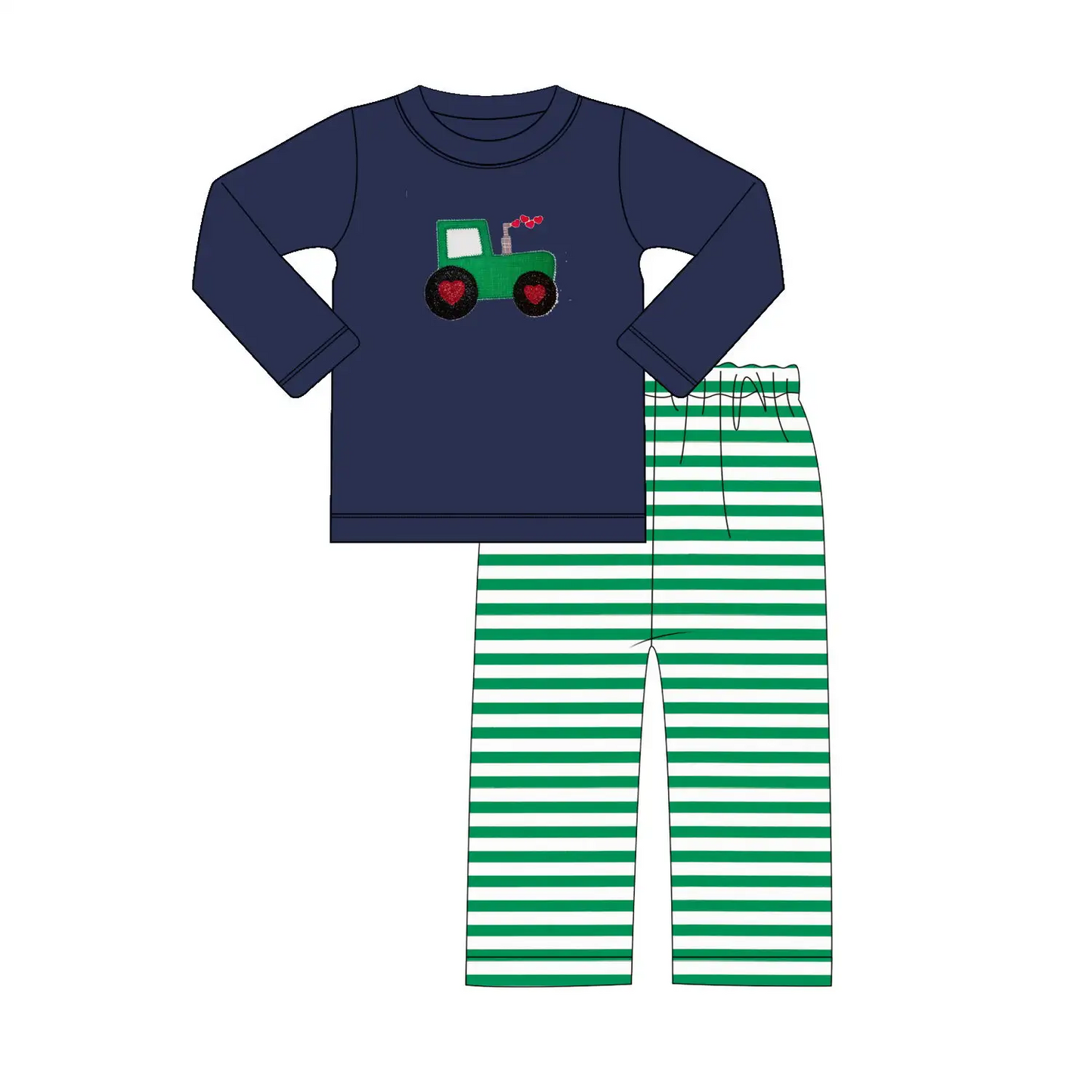 Custom moq 3 eta 7/8week moq 5 eta /4/5week Navy blue long-sleeved top with green truck pattern embroidery and green striped trousers set