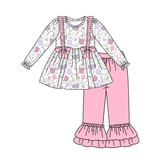 Custom moq 3 eta 7/8week moq 5 eta /4/5week Pink bow pleated shoulder design purple long sleeves top & pink ruffled hem trousers set