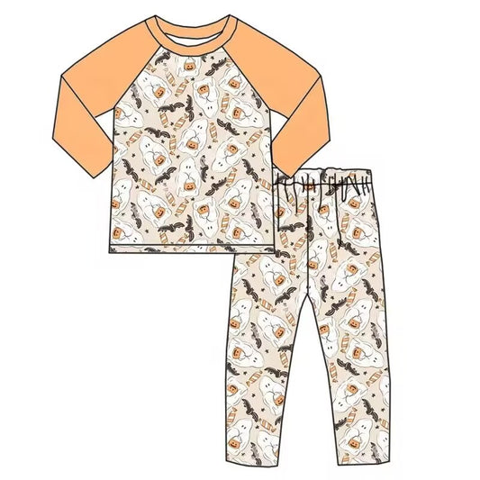 Custom moq 3 eta 7/8week moq 5 eta /4/5week Pumpkin Imp Bat-Through Pattern Light Orange Long Sleeve Set