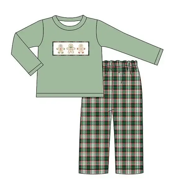 Custom moq 3 MIX SIZE eta 7/8week moq 5 eta /4/5week Biscuit Bear Print Green Irregular Plaid Long Sleeve Mixed Suit