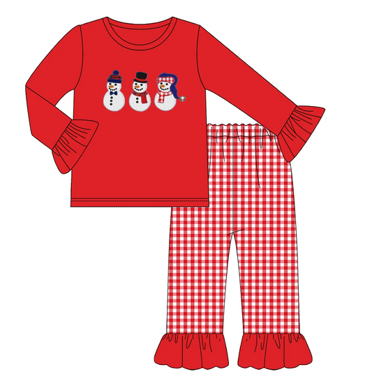 Custom moq 3 eta 7/8week moq 5 eta /4/5week Three Forms Snowman Pattern Red Bell Sleeve Long Sleeve Pants Set