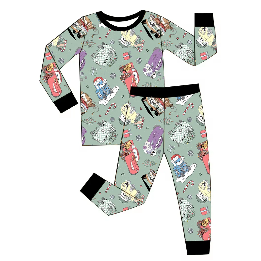 Custom moq 3 eta 7/8week moq 5 eta /4/5week Cars pattern grey green long sleeve suit